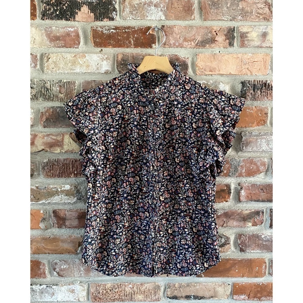 Rebecca Taylor Navy Floral Ruffle Sleeve Blouse